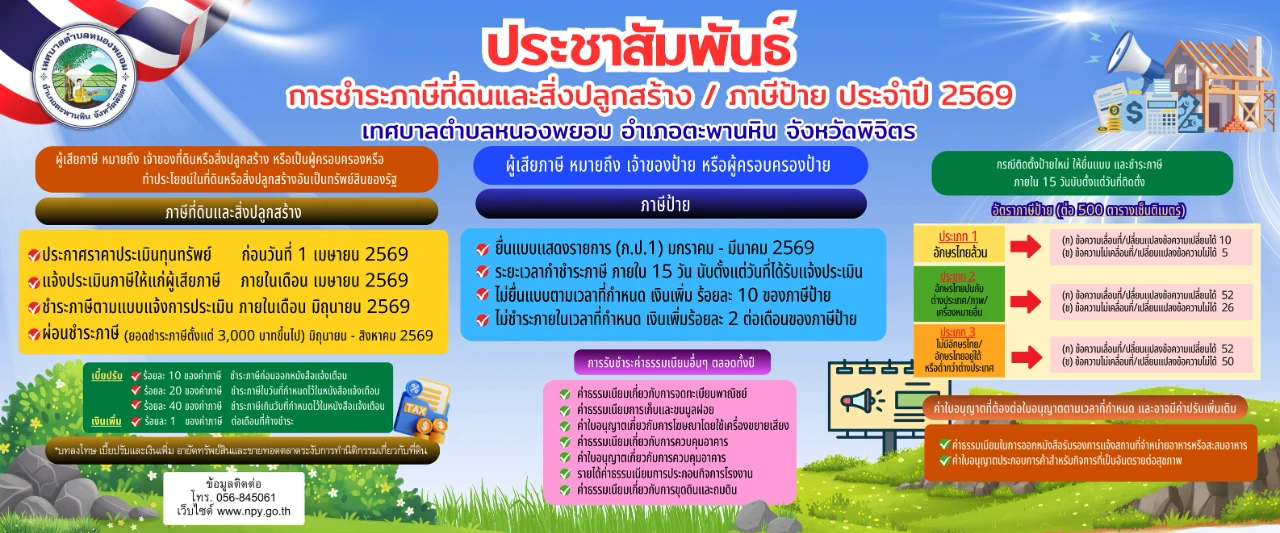 ประชาสัมพันธ์การชำระภาษีที่ดินและสิ่งปลูกสร้าง / ภาษีป้าย ประจำปีงบประมาณ 2569